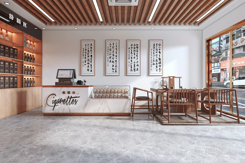 Chinese Style Tobacco and Liquor Store Interior With Wooden Shelves Calligraphy Artworks And Counter 3d model 