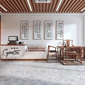 Chinese Style Tobacco and Liquor Store Interior With Wooden Shelves Calligraphy Artworks And Counter
