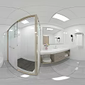 Modern Bathroom Interior With White Tiles Shower Enclosure Toilet Vanity Mirror And Wooden Cabinets