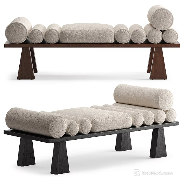 Modern Sofa Bench With Beige Cushions Cylindrical Pillows And Dark Wooden Legs 3d model 
