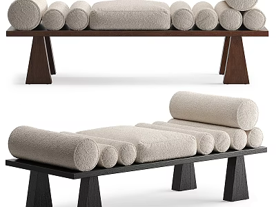 Modern Sofa Bench With Beige Cushions Cylindrical Pillows And Dark Wooden Legs 3d model