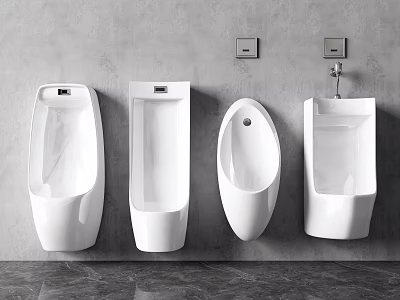Modern Urinals With Different Shapes Mounted On Gray Bathroom Wall Surface 3d model