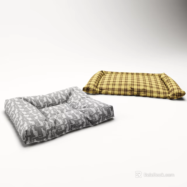 Comfortable Pet Beds With Gray Pattern And Yellow Plaid Design For Dogs 3d model