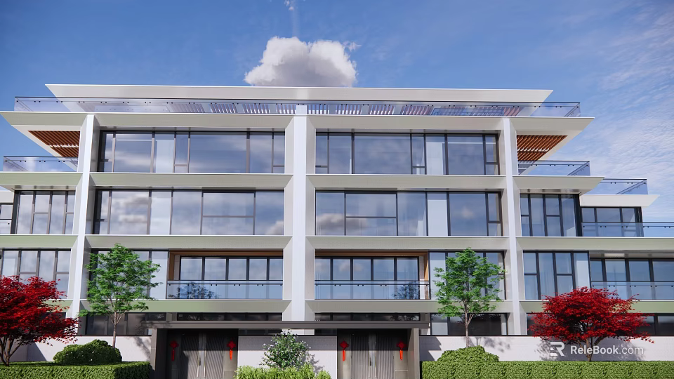 Duplex Villa Modern Exterior With Large Glass Windows Multi Floor Design Greenery And Blue Sky Surroundings 3d model 