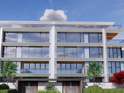 Duplex Villa Modern Exterior With Large Glass Windows Multi Floor Design Greenery And Blue Sky Surroundings 3d model