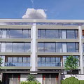 Duplex Villa Modern Exterior With Large Glass Windows Multi Floor Design Greenery And Blue Sky Surroundings