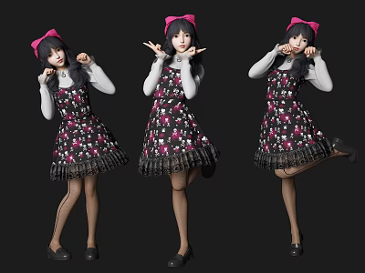 Woman Wearing Black Dress With Pink White Patterns Pink Bow And White Sleeves Posing Differently 3d model
