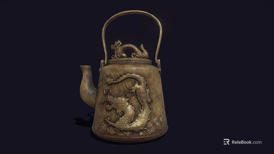 Elegant Antique Brass Teapot With Intricate Dragon Carvings And Decorative Handle 3d model 