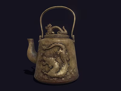 Elegant Antique Brass Teapot With Intricate Dragon Carvings And Decorative Handle 3d model