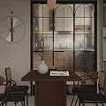 Patterned Accent Chair by Large Window with City View Curved Floor Lamp and Neutral Curtains