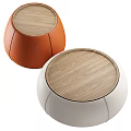 Modern Round Orange and White Coffee Table with Wooden Top and Leather Sides Design