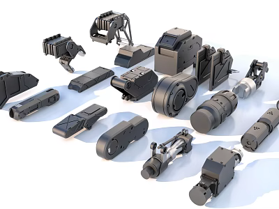 Black Industrial Equipment Components with Various Shapes Including Mechanical Arms Gears and Connectors 3d model