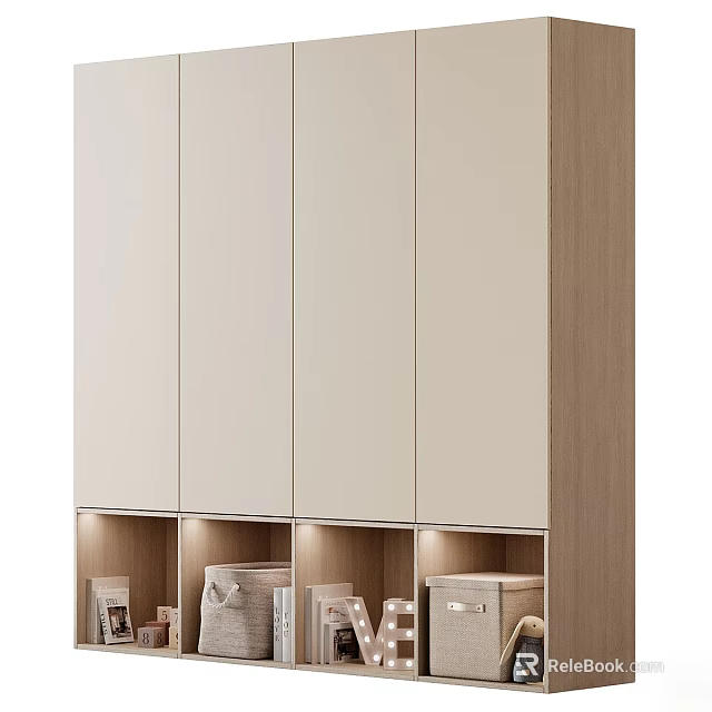 Modern Wardrobe with Sleek Design Light Colored Panels and Illuminated Open Compartments 3d model