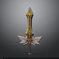 Fantasy Golden Sword With Wing Shaped Decorations And Gemstone Hilt