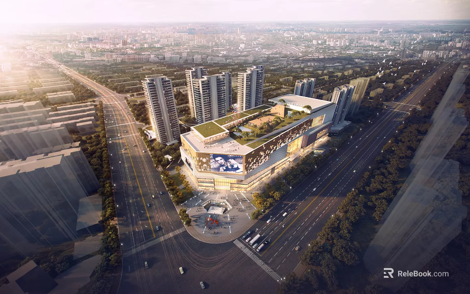 Birds Eye View Planning Of Urban Commercial Complex With High Rise Buildings And Road Network 3d model 