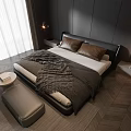 Contemporary Double Bed With Dark Headboard Brown Pillows Cozy Blanket Nightstand And Wooden Floor