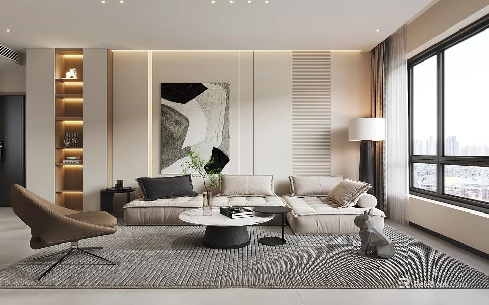 Modern Minimalist Living Dining Room Interior With Sofa Coffee Table Rug And Decorative Painting 3d model 