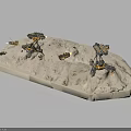 Mechanical Characters And Small Yellow Creatures On White Platform With Structures