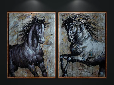 Artistic Animal Paintings Of Horses With Flowing Manes On Textured Background In Wooden Frames 3d model