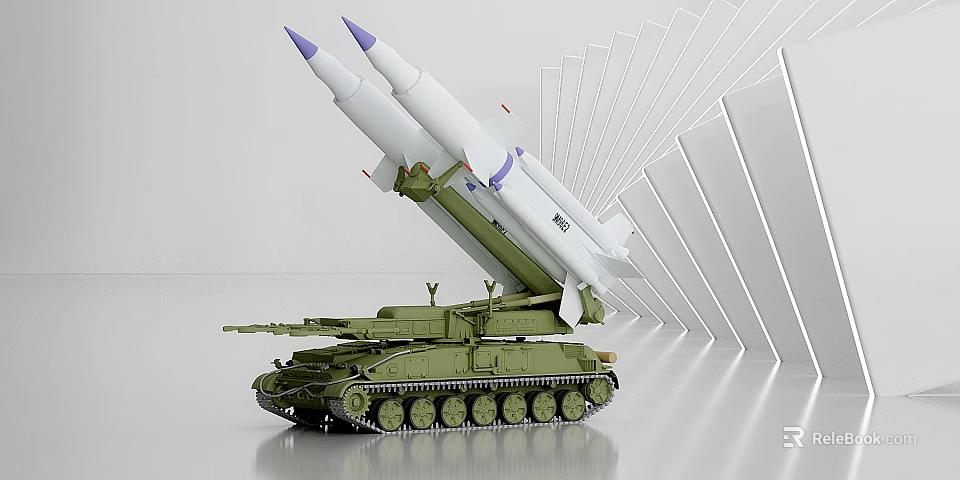 Green Military Tank with Missile Launcher and White Missiles Having Purple Tips 3d model 
