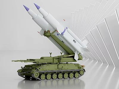 Green Military Tank with Missile Launcher and White Missiles Having Purple Tips 3d model