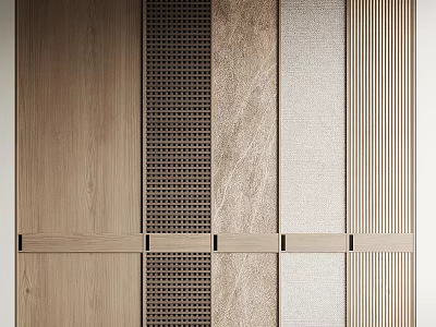 Modern Sofa Background Wall Design With Wooden Grid Panels And Textured Surfaces 3d model
