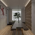 Elegant Indoor Corridor With Stone Path Bamboo Windows Grid Wall Storage And Hanging Lamp 3d model