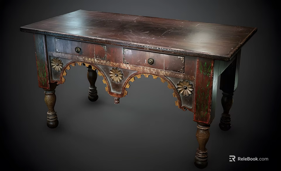 Antique Vintage Wooden Desk With Carved Legs And Decorative Drawer Details 3d model 