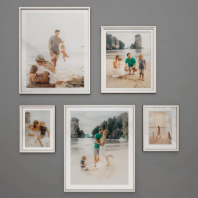 Photo Wall With Framed Family Beach Photos Featuring Parents And Kids On Sand And Rocks 3d model