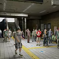 Busy Subway Station Interior With Seats Advertising Boards Escalator And People Walking