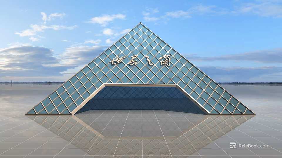 Xi'an Feitu Pyramid Shaped Modern Building With Glass Curtain Wall And Sky Reflection 3d model 