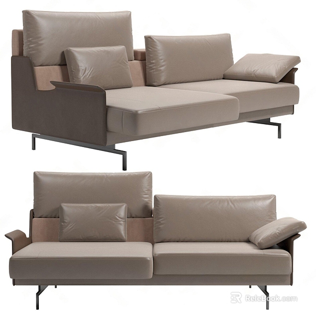 Modern Double Sofa with Taupe Leather Upholstery Plush Cushions and Sleek Metal Legs 3d model 