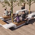 Stylish Outdoor Chairs On Wooden Deck With Trees And People Sitting Comfortably