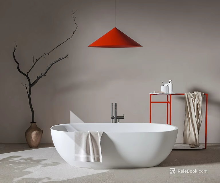 White Bathtub in Modern Bathroom with Red Pendant Light Shelf Towel and Decorative Branches 3d model 