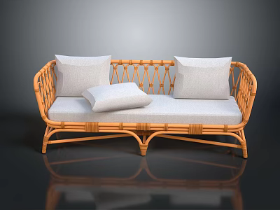 Rattan Sofa With Brown Frame Light Gray Cushions And Pillow Design 3d model