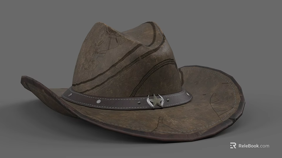 Brown Leather Cowboy Hat With Wide Brim Decorative Band And Metal Buckle 3d model 