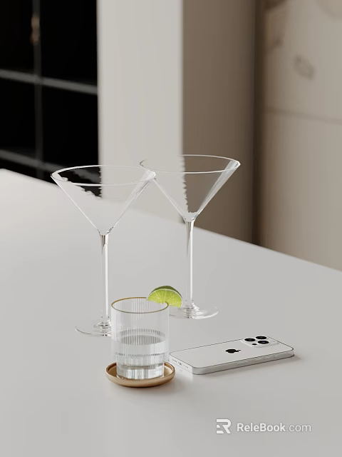 Elegant Decorative Accessories Set With Martini Glasses Lime Wedge And Mobile Phone On White Table 3d model 