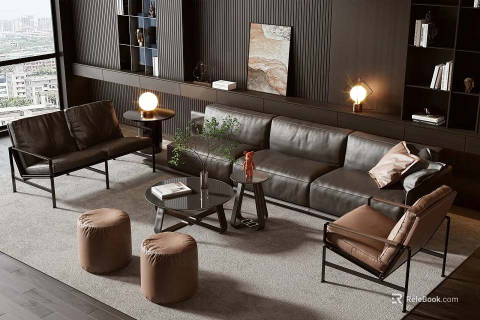 Modern Leather Sofa and Coffee Table Set With Ottoman Decorative Painting and Warm Lighting 3d model 
