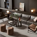 Modern Leather Sofa and Coffee Table Set With Ottoman Decorative Painting and Warm Lighting