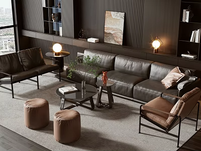 Modern Leather Sofa and Coffee Table Set With Ottoman Decorative Painting and Warm Lighting 3d model