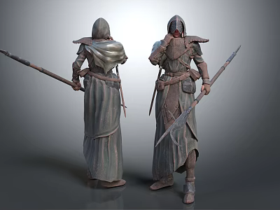 Detailed Armored Cloaked Warriors Holding Spears Back Front View Character Design 3d model