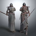 Detailed Armored Cloaked Warriors Holding Spears Back Front View Character Design
