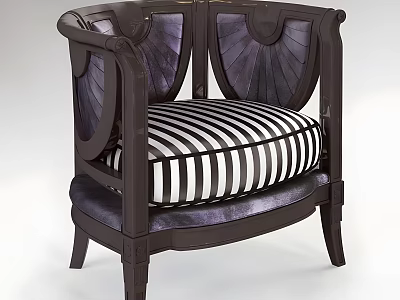 Elegant Accent Chair With Dark Frame Curved Armrests Scalloped Backrest And Striped Cushion 3d model