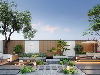 Tranquil Courtyard Garden Design With Stone Path Trees Seating Area And Lush Plants 3d model