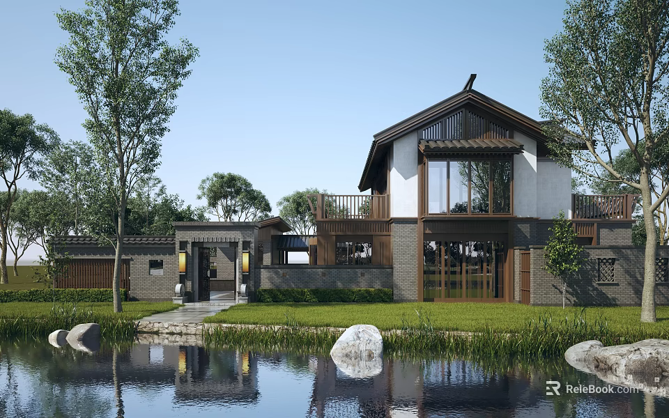 Chinese Style Detached Villa With Natural Landscape Pond Trees And Lawn 3d model 