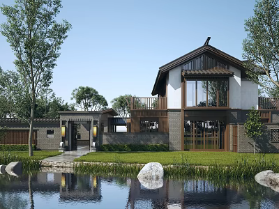 Chinese Style Detached Villa With Natural Landscape Pond Trees And Lawn 3d model