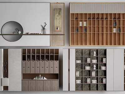 Modern Entryway Cabinet And Side Cabinet Design With Wooden Shelves And Storage Display Areas 3d model