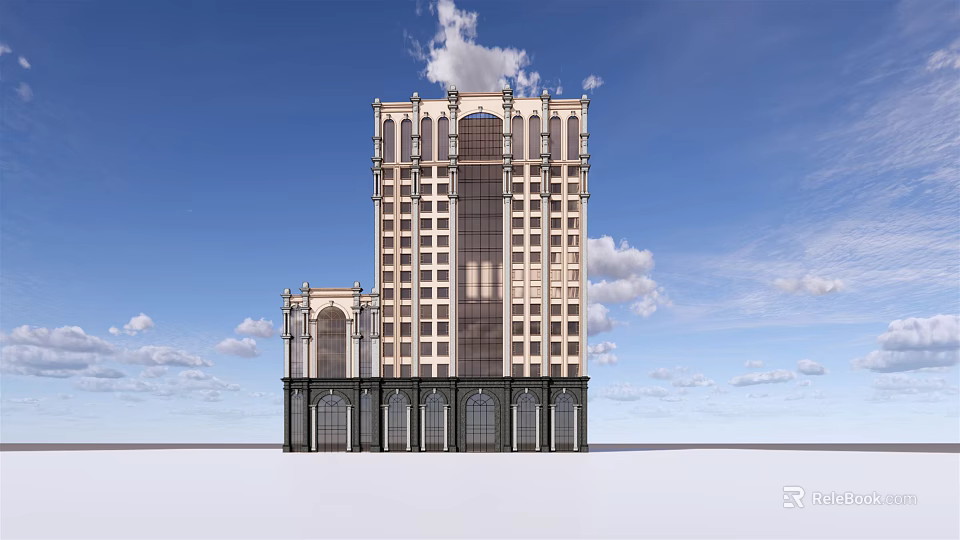Classical Style Office Building With Tall High Rise Stone Facade Arched Windows And Decorative Top 3d model 