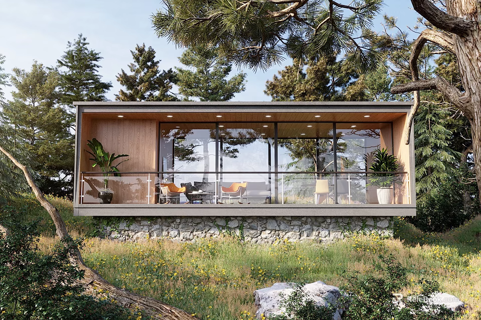 Modern Detached House Featuring Large Glass Windows Balcony Surrounded By Natural Landscape Trees And Grass 3d model 