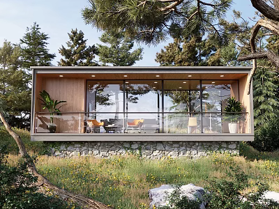 Modern Detached House Featuring Large Glass Windows Balcony Surrounded By Natural Landscape Trees And Grass 3d model